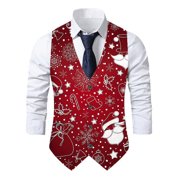 Christmas Full Print Men's Outwear Vests Spring Autumn Party Sleeveless V Neck Single Breasted Blazer Jackets Slim Fit Waistcoat