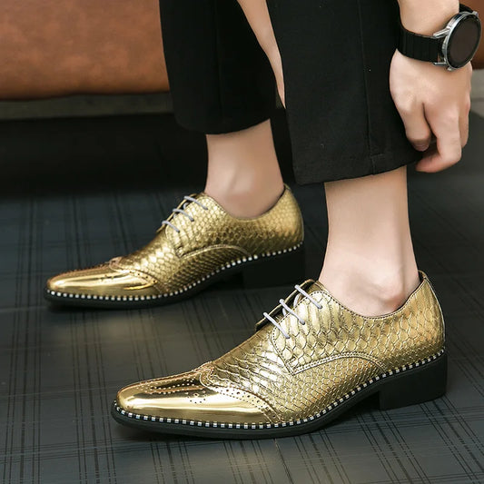 Luxury Designer Pointed Gold  Brogue Oxford Leather Shoes For Mens Formal Wedding Prom Dress Homecoming Zapatos Hombre