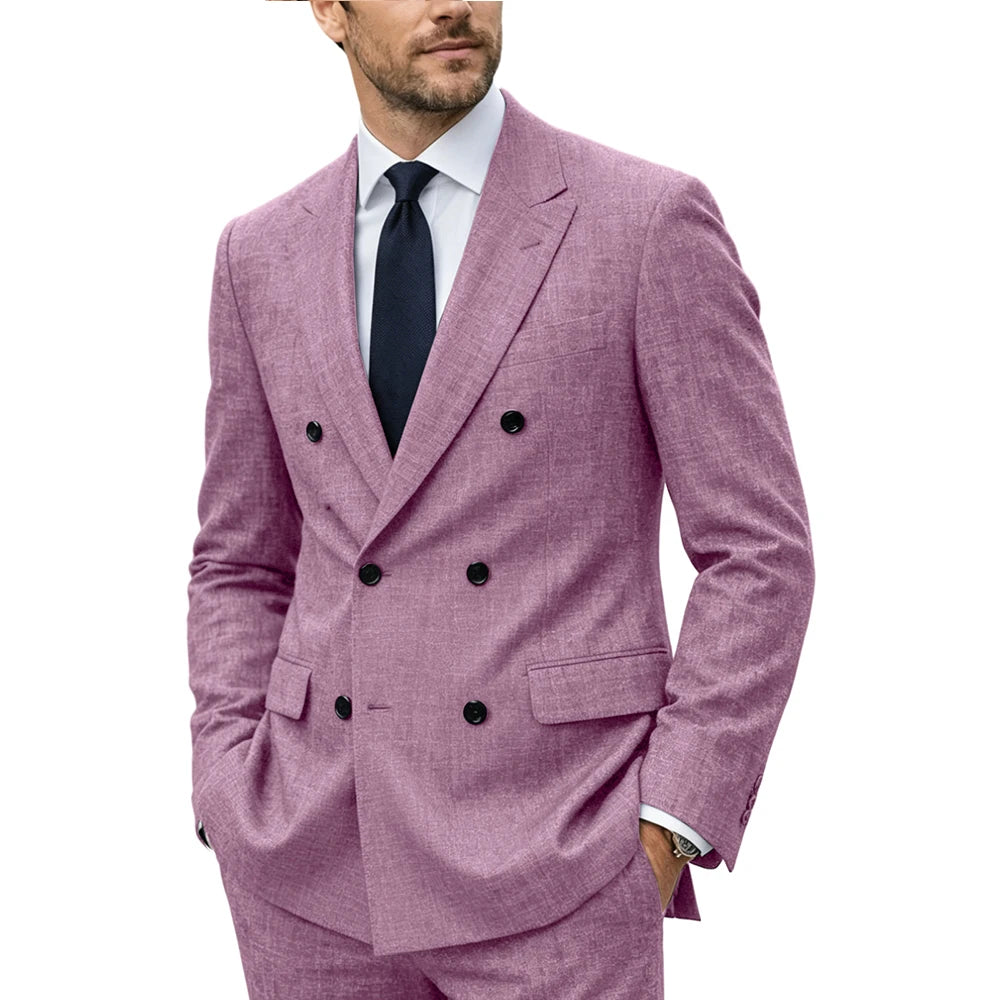 Men's Linen Suit Set  Double Breasted Slim Fit Peak Lapel Formal Blazer Pants Breathable Business Wedding Groom Tuxedo