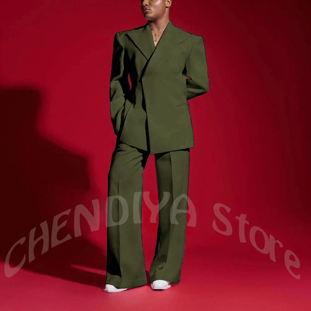 Elegant White Men Suit Peak Lapel Handsome Casual Male Clothing Two Pieces Jacket Pants Banquet Party Suits Set Straight