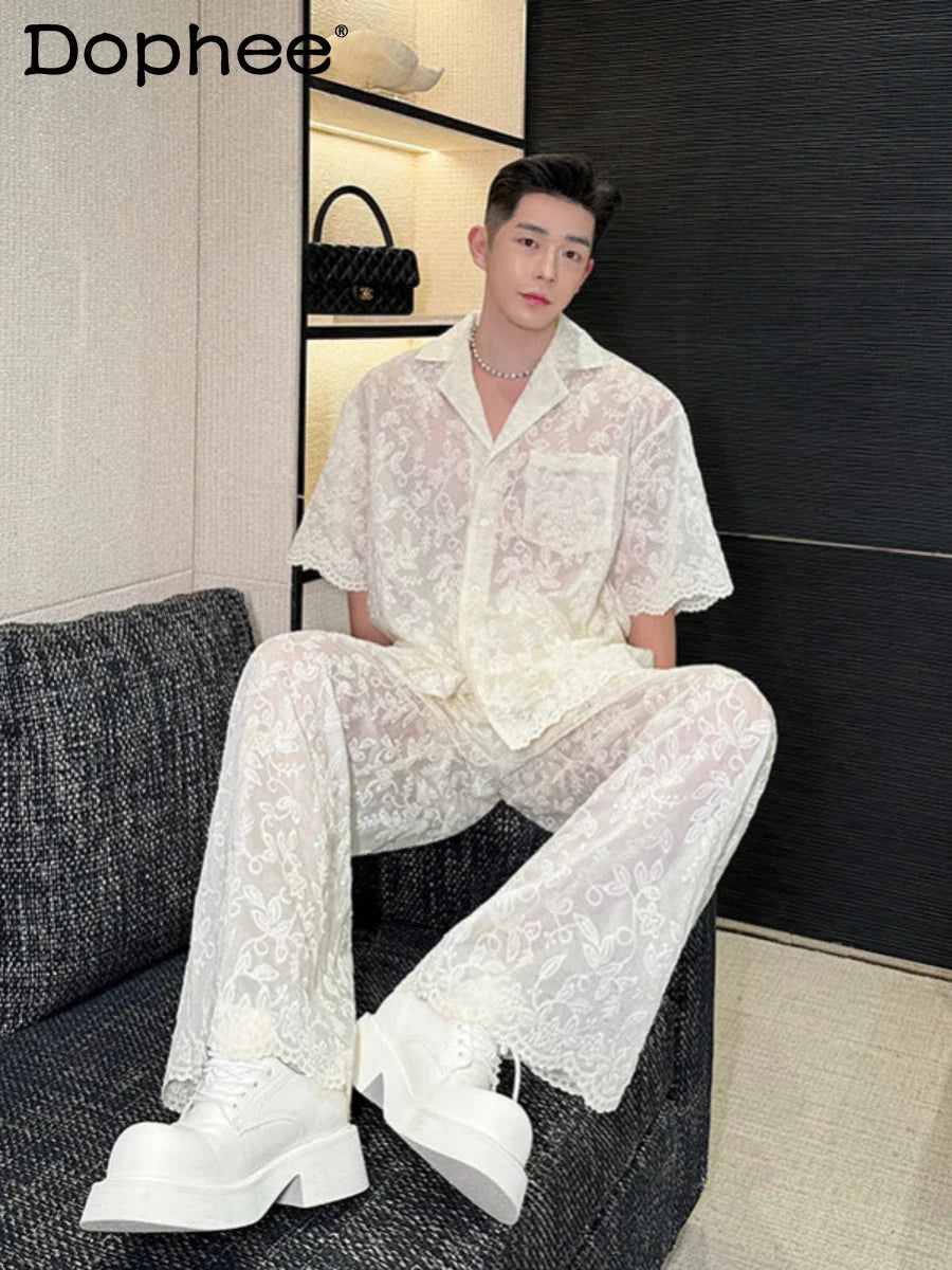 Fashion Embroidery Short Sleeves Shirt Outfit Men's Wide-Leg Pants 2024 Summer Thin Slightly Transparent Casual Two-Piece Suit