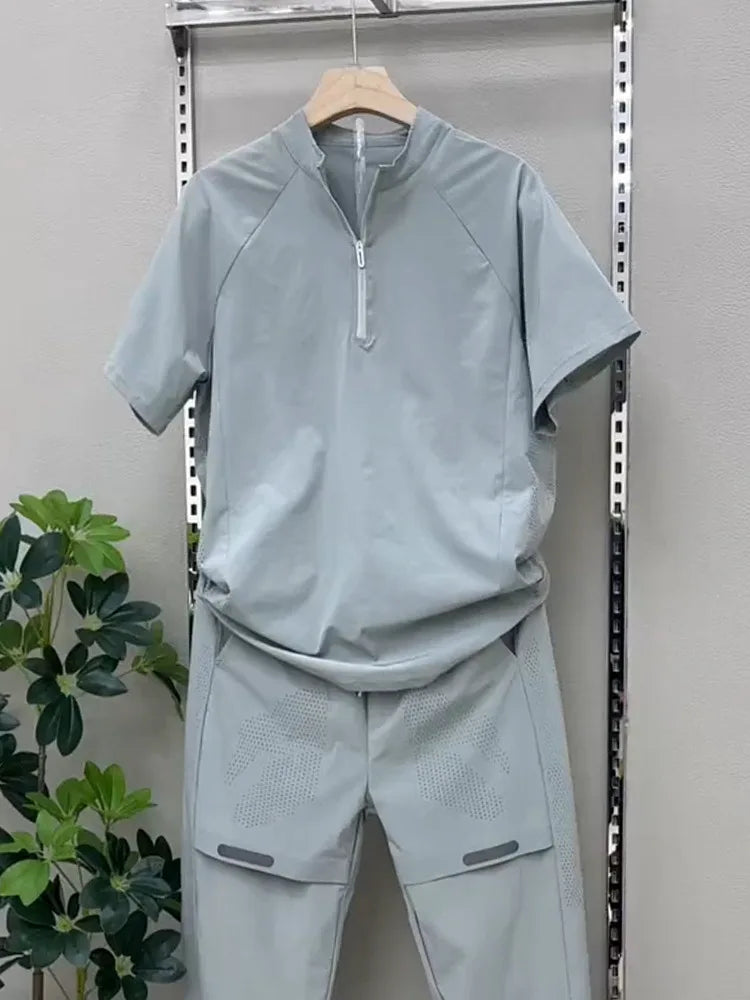2025 Summer Breathable ice Silk Casual Sportswear Set, fashionable zipper quick-drying casual long pants and short-sleeved 2pcs