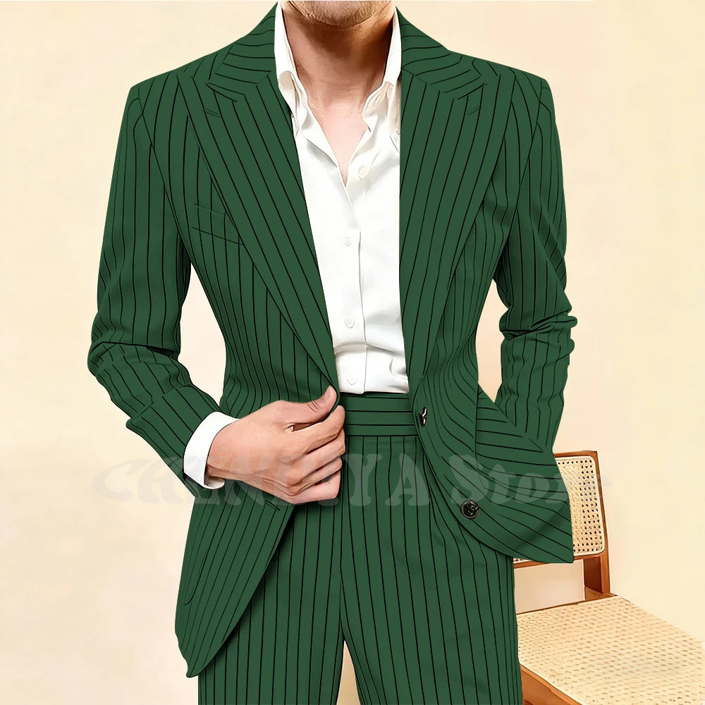 Elegant Striped Men Suit 2 Piece Fashion Single Breasted Peak Lapel Costume Homme Business Casual Daily Office Male Jacket Pants