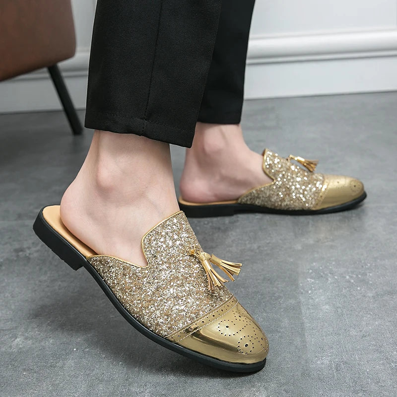 2024 New Luxury Designer Men's Casual Bling Leather Loafers Italian for Men Half Shoes Mules Male Black Slides Business Slippers