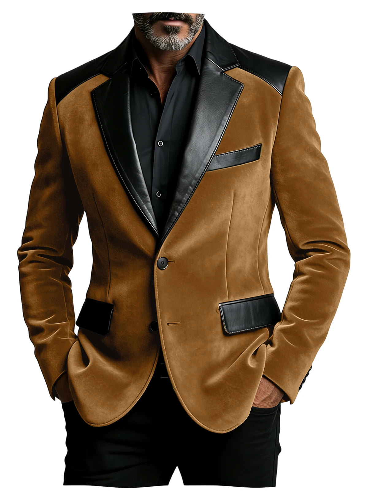 Men's Velvet Blazer with Leather Patchwork Slim Fit Two Button Peak Lapel Suit Jacket for Business Wedding Party Flap Pockets