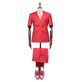 Double Breasted 2 Pieces Men's Suit Jacket Pants Short Sleeves Social Party Male Clothing Business Casual