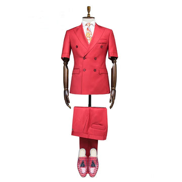 Double Breasted 2 Pieces Men's Suit Jacket Pants Short Sleeves Social Party Male Clothing Business Casual