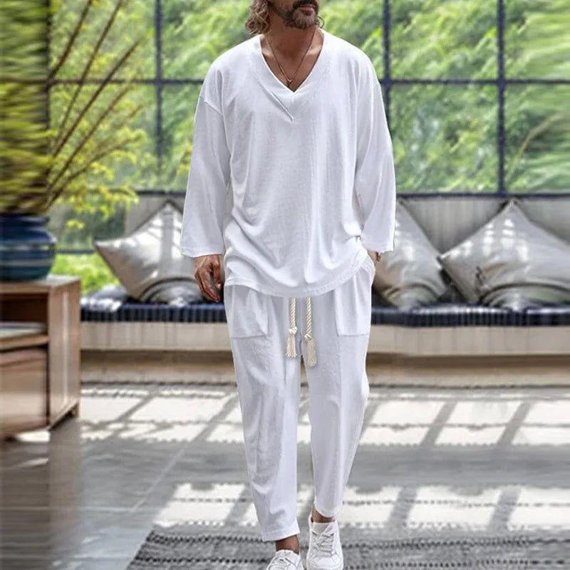 Men's V-neck two-piece set, fashion comfortable cotton hemp Korean style street loose long-sleeved drawstring pants casual suit