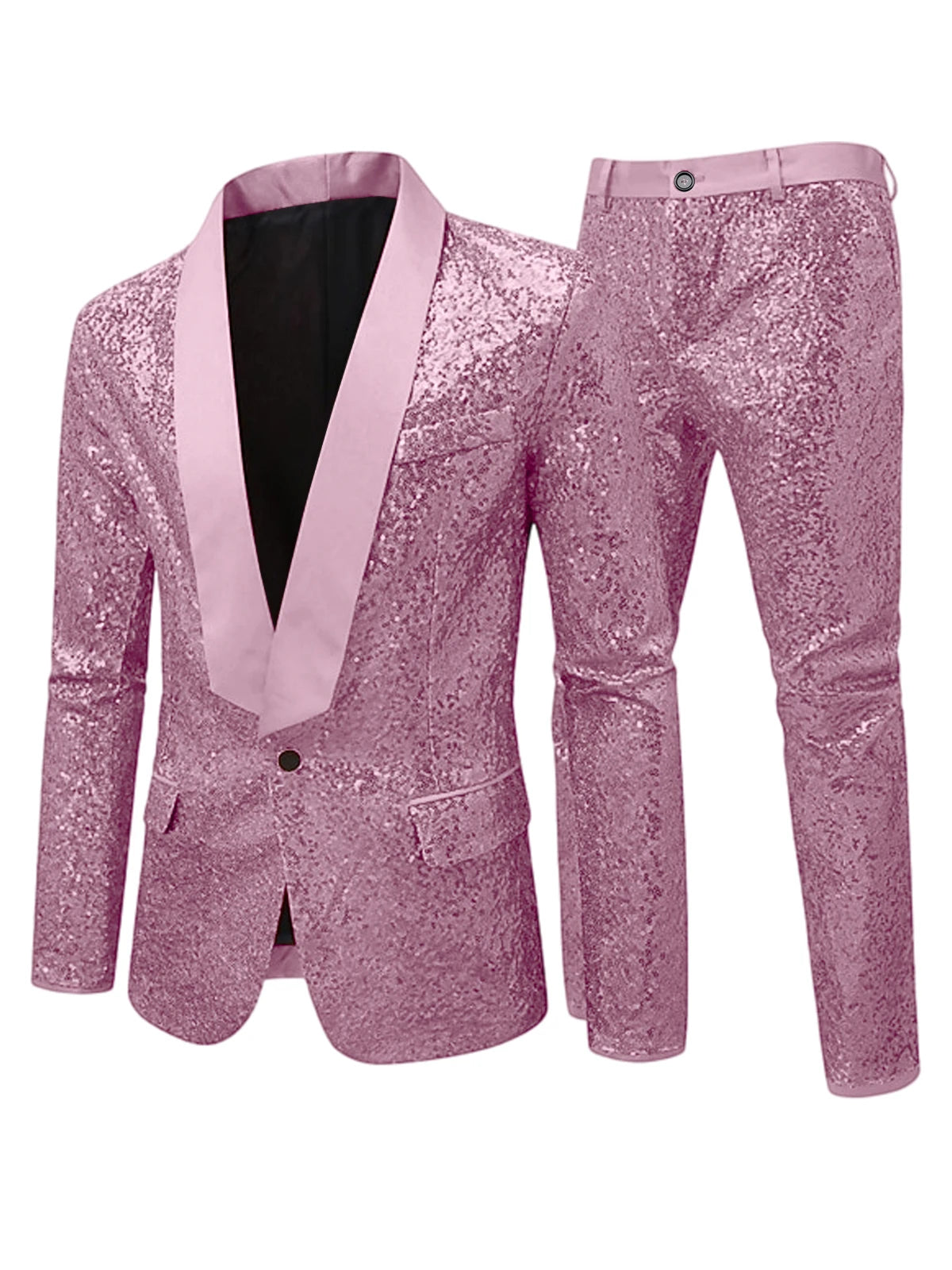 Men's Sequin Tuxedo Suit Set Shiny One Button Satin Patchwork Shawl Lapel Slim Fit 2 Piece Blazer Pants For Wedding Party Prom