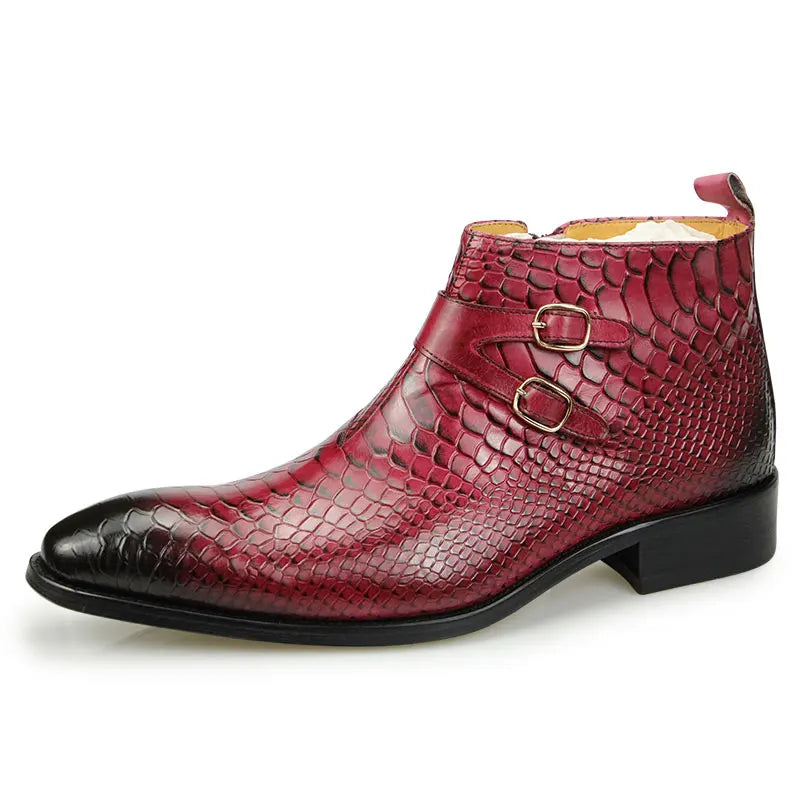 2023 Warm Autumn Cow  Ankle Zipper Boots Fashion Snake Print Good Quality Business Genuine Leather Dress Shoes for Men Red Black