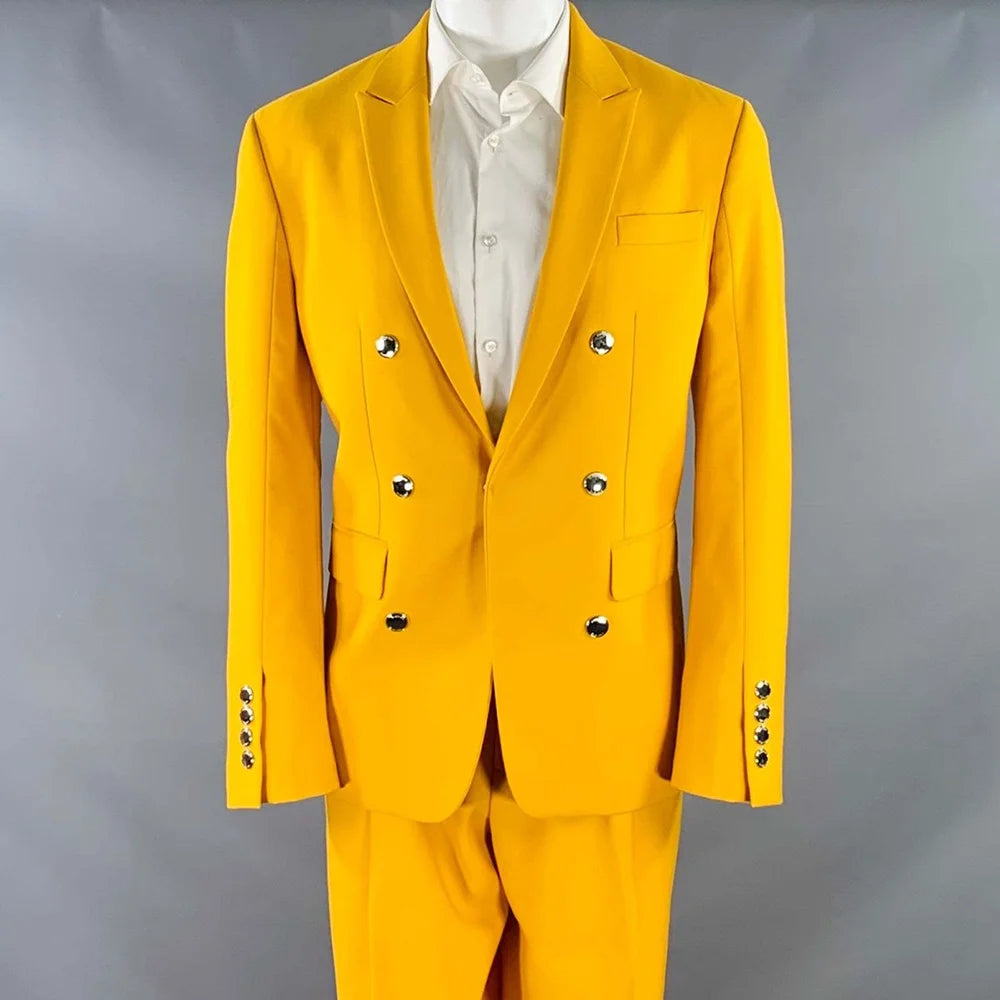 Double Breasted Yellow Fashion Suit 2 Pieces Jacket Pants Men Formal Occasion Blazer Set Stylish Trousers