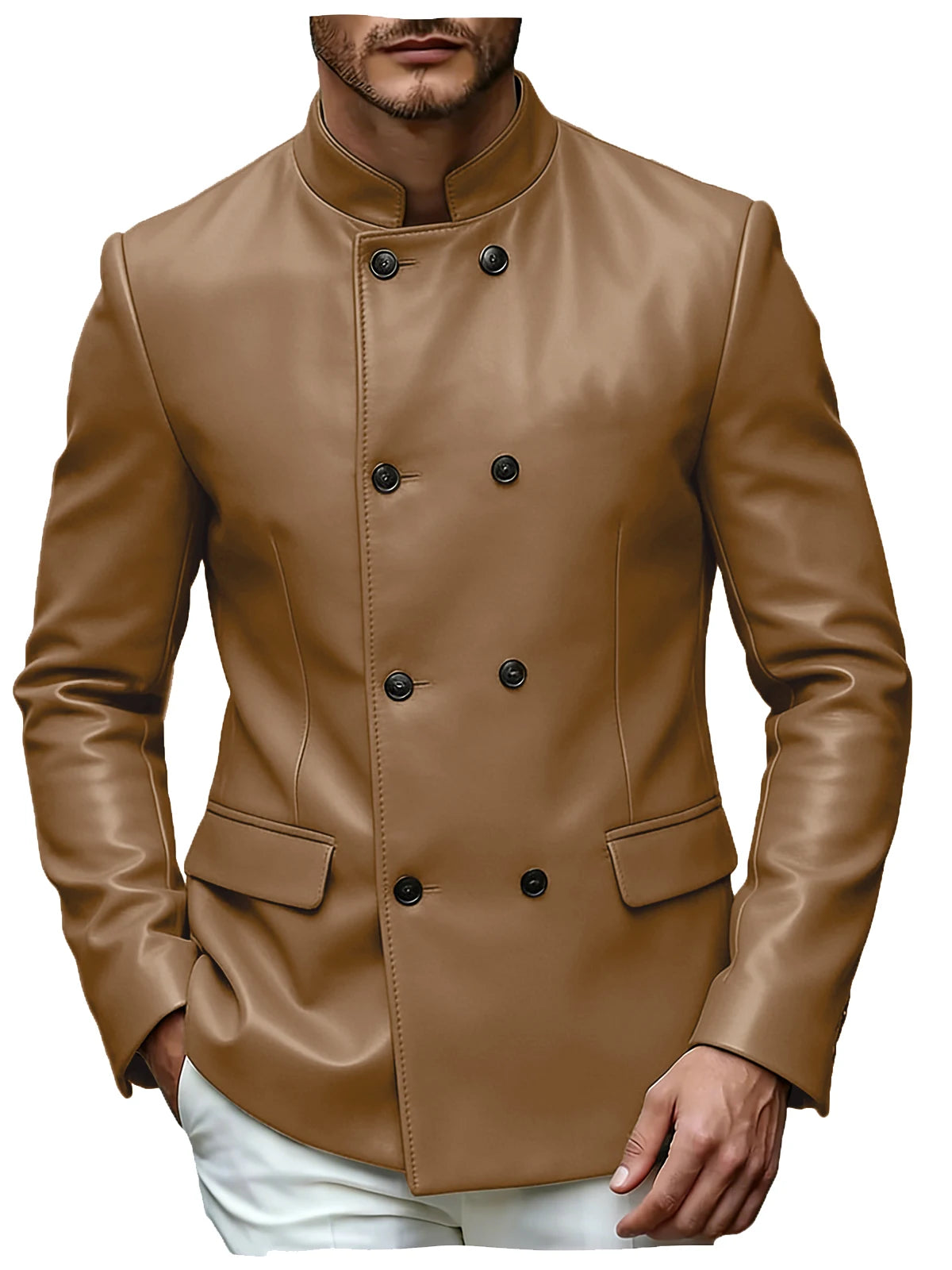 Men's Blazer Stand Collar Faux Leather Jacket High Quality Double Breasted Slim Fit Casual Coat For Business Office Outerwear