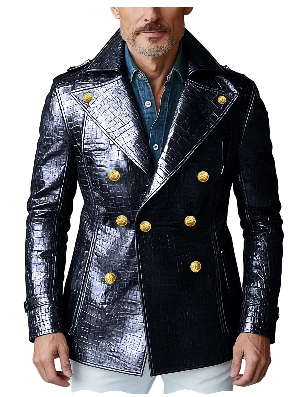 Men's Crocodile Embossed Leather Blazer Double Breasted Trench Coat Wide Lapel Gold Button Slim Fit Jacket For Four Season
