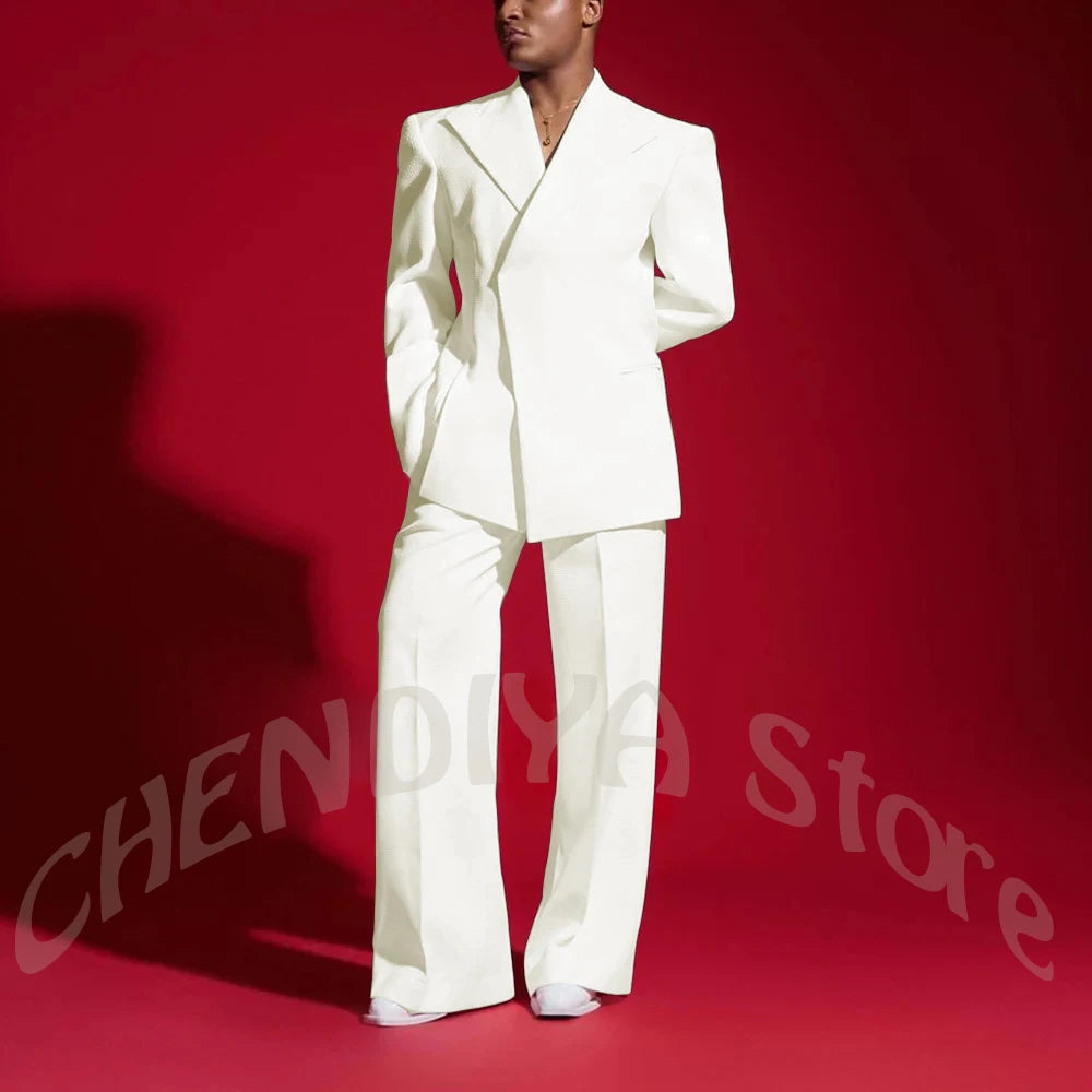 Elegant White Men Suit Peak Lapel Handsome Casual Male Clothing Two Pieces Jacket Pants Banquet Party Suits Set Straight