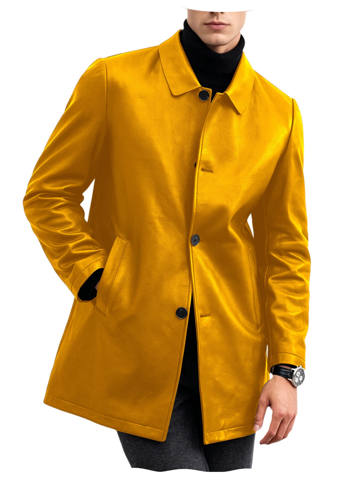 Men Premium Leather-Like Trench Coat Turn-Down Collar Single Breasted Mid-Length Overcoat Classic Slim Fit Business Casual Wear