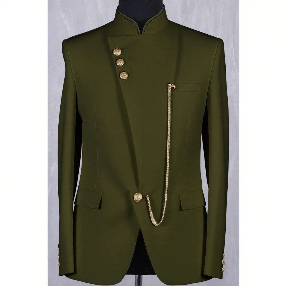 High Quality Blue Men Suit Casusl Blazer Single Breasted Stand Collar African Slim Fit Modern Style Outfits Jacket Pants