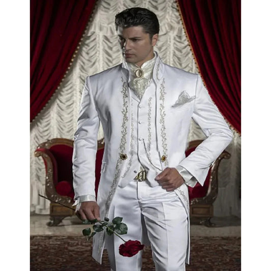 Men Suits White Red Tuxedo Wedding Jacket Pants Vest Three Piece Elegant Formal Party Blazer Hombre Trajes De Costume