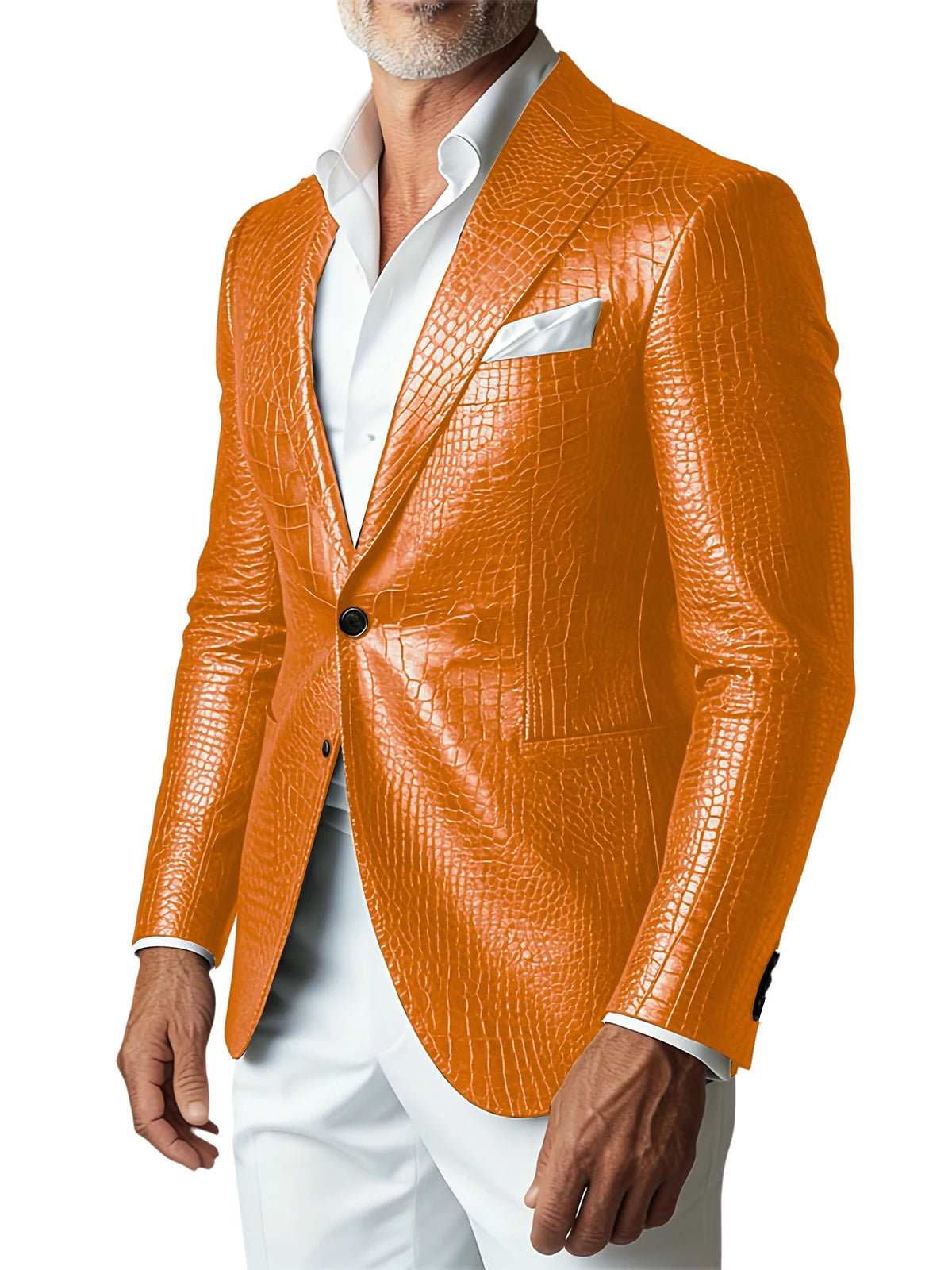 Men Elegant Brown Crocodile PU Leather Blazer Shawl Lapel Long Sleeve Pocket With Belt Business Casual Male Fashion Suit Jacket