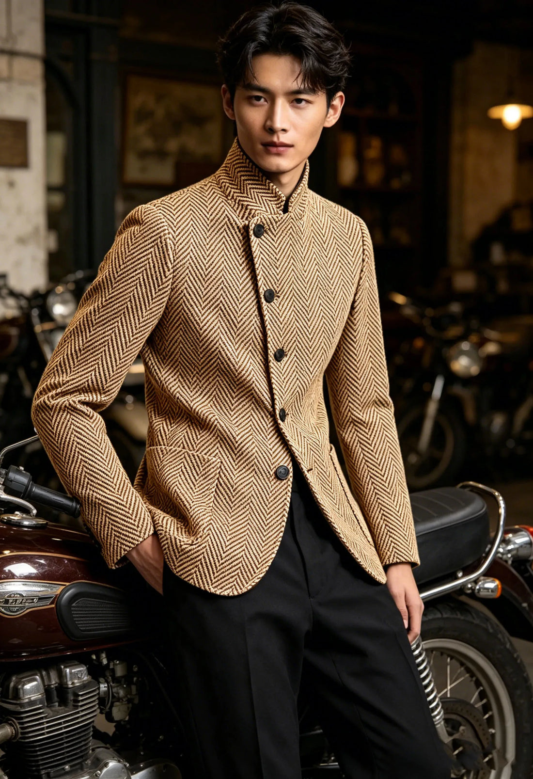 Vintage Men's Herringbone Jacket Stand Collar Slim Fit Wool Blend Formal Blazer Fashion British Style Sport Coat Business Casual
