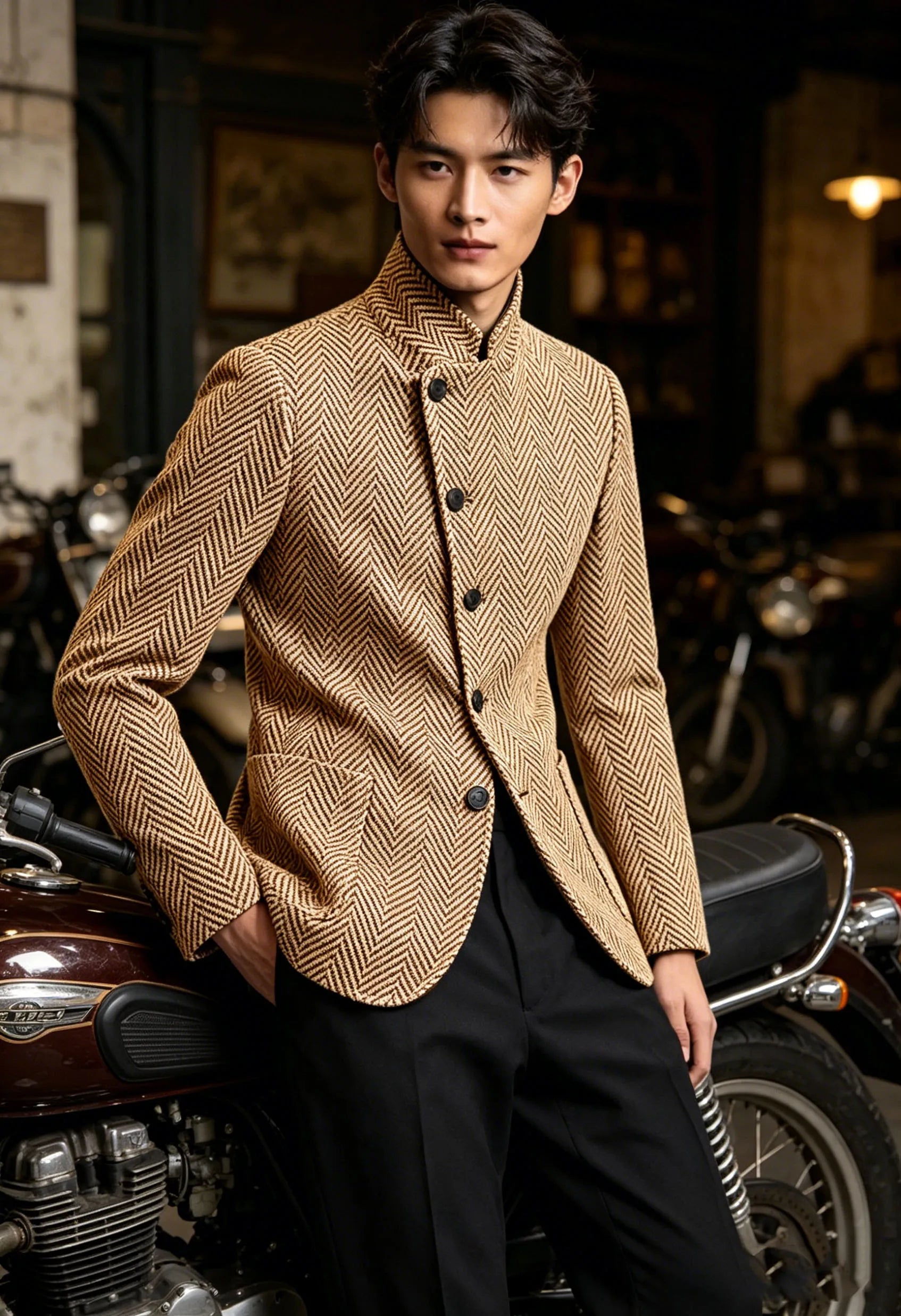 Vintage Men's Herringbone Jacket Stand Collar Slim Fit Wool Blend Formal Blazer Fashion British Style Sport Coat Business Casual