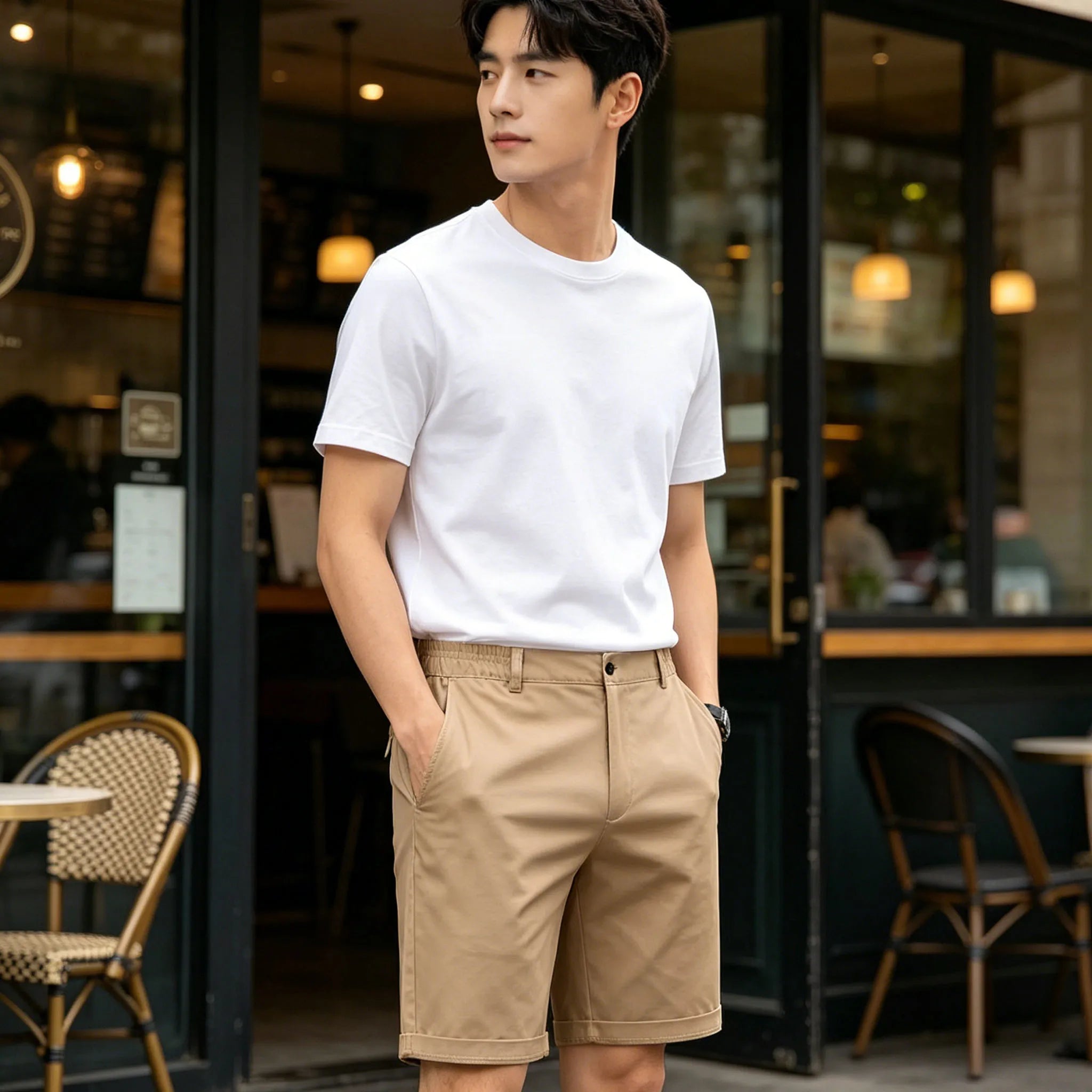 Men's Khaki Shorts Half Elastic Waist Breathable Lightweight Wrinkle Resistant Comfort Cotton Blend Casual Shorts For Beach