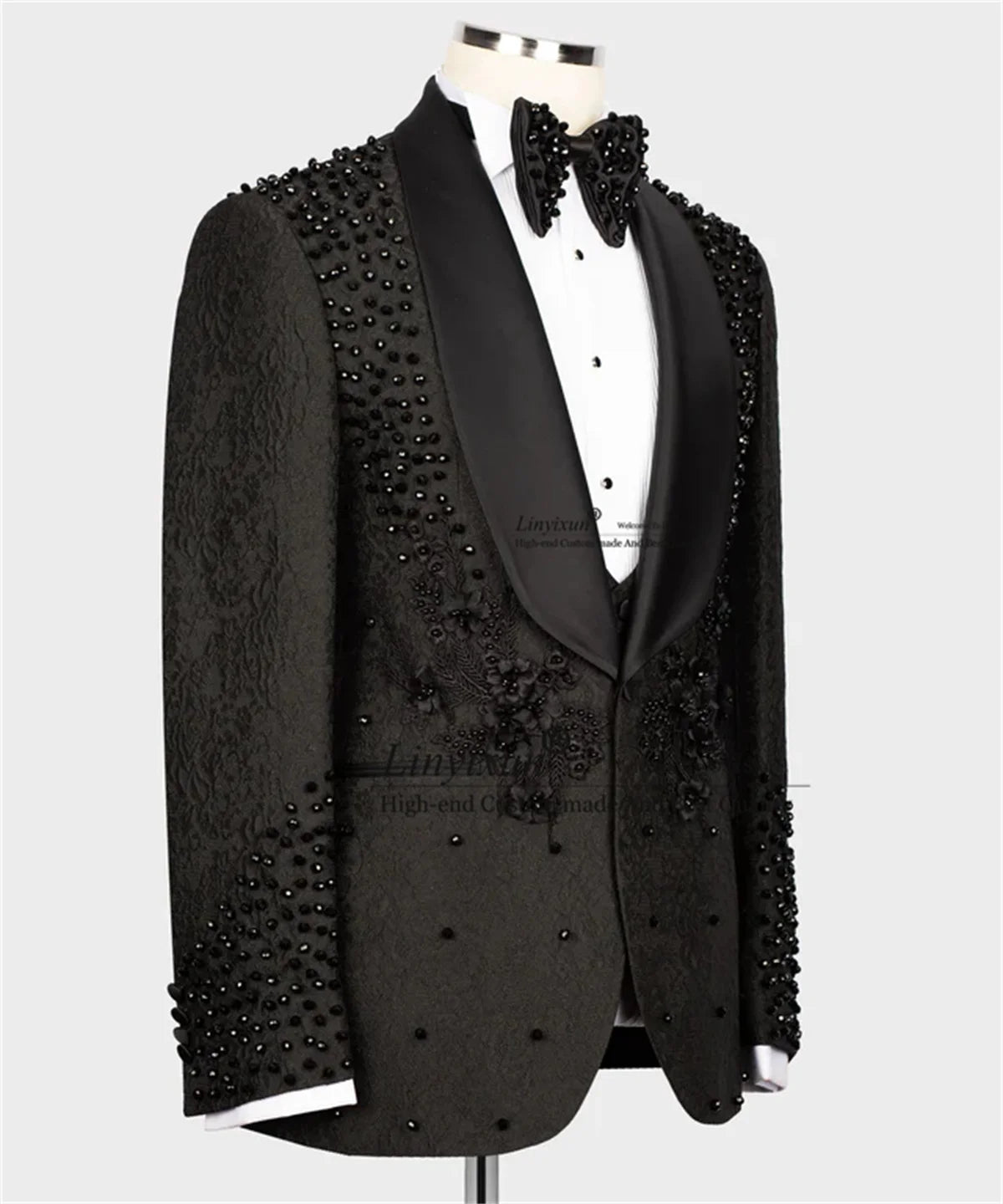 Fashion Black Beaded Pearls Men Suits With Flower 3 Pieces Sets Wedding Groom Tuxedo Party Male Prom Blazers Slim Costume Homme