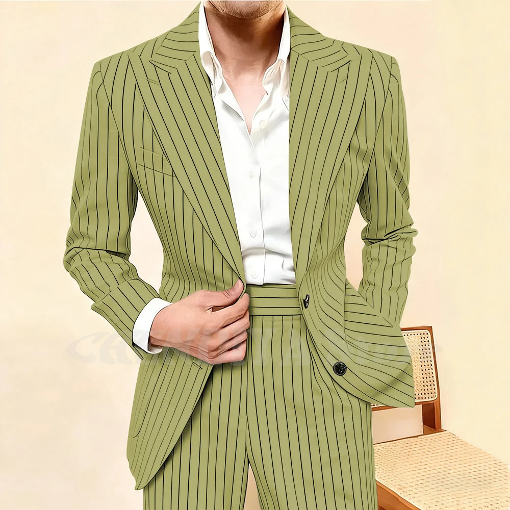 Elegant Striped Men Suit 2 Piece Fashion Single Breasted Peak Lapel Costume Homme Business Casual Daily Office Male Jacket Pants