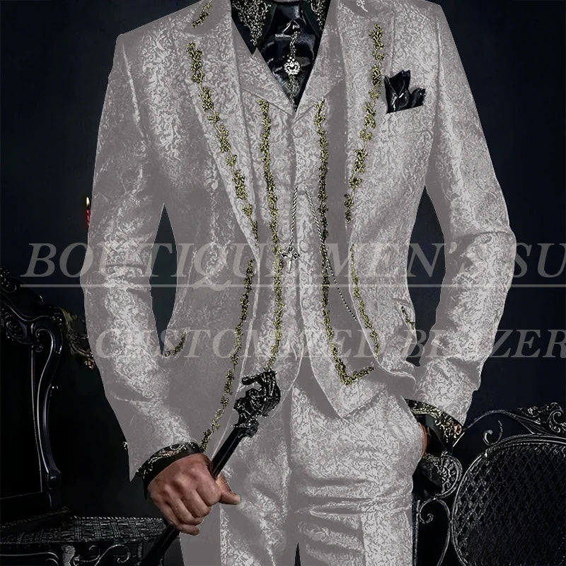 Elegant Black Jacquard Men Suits Embroidery Single Breasted Slim Fit 3 Piece Jacket Pants Vest Male Clothing Blazer Terno 2024