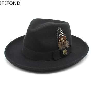 New Feather band Wool Felt Fedora Hat Men Curved Brim Panama Party Trilby Cowboy Cap Gentleman Wedding Jazz Hat