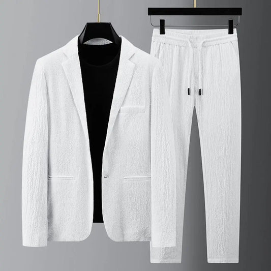 1 set calça blazer listra prega de duas peças de duas peças Spring Summer Summer Turndown Collar Jacket Pants Drawstring para casamento