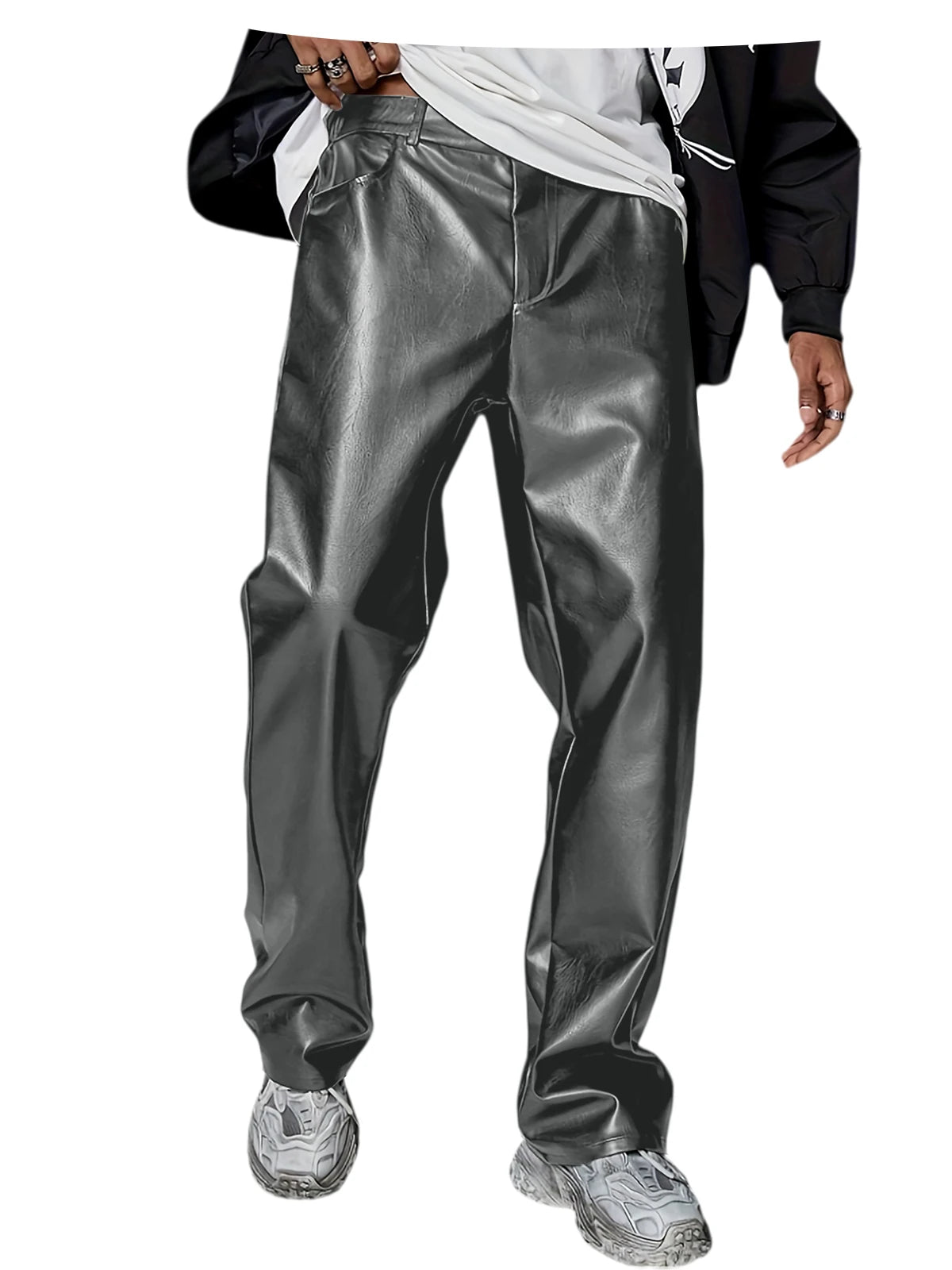 Men's Faux Leather Wide Leg Pants High Waist Loose Straight Trousers Hip Hop Streetwear Club Party Casual Bottoms
