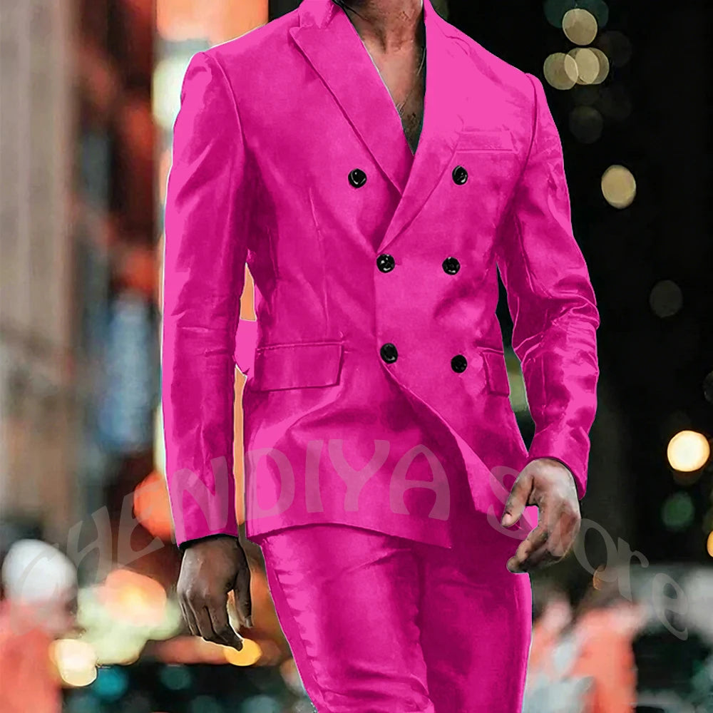 Elegant Satin Men Suit 2 Pieces Peaked Lapel Handsome Tailor-Made Custom Man Fashion Clothes Set Smart Casual Jacket Pants
