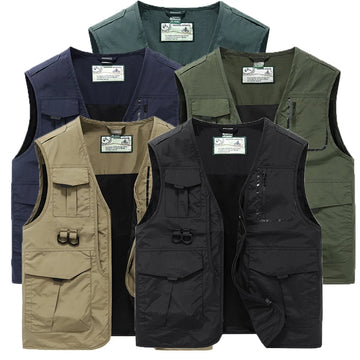 2024 Men Spring Sleeveless Many Pocket Stand Collar Vest Jackets Men Solid Color Outdoors Fishing Cargo Casual Vest Jackets Male