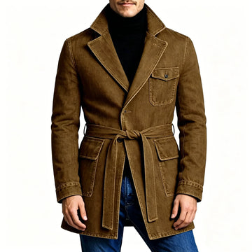Men's Brown Denim Trench Coat Retro Slim Fit With Waist Belt Notched Lapel Flap Pocket Casual Washed Jean Jacket For Streetwear