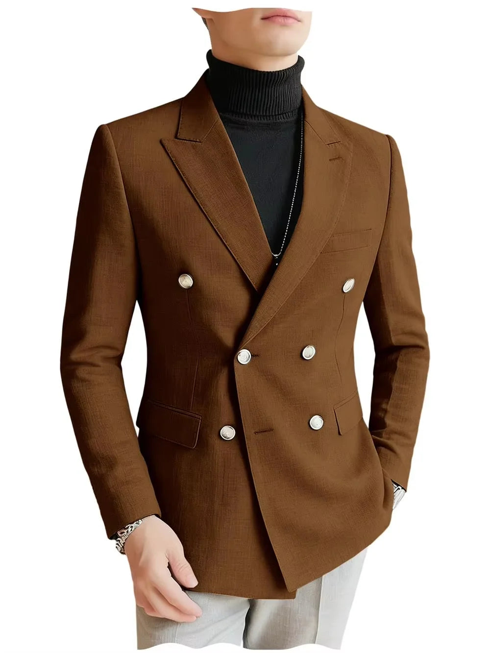 Men's Linen Blazer Double Breasted Peak Lapel Slim Fit Lightweight Breathable Cool Fashion Formal Jacket For Summer Business