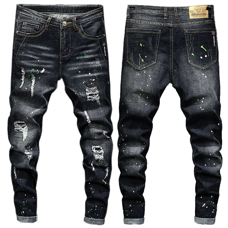 New European and American style men's black-gray hole grinding white slim jeans feet pants.