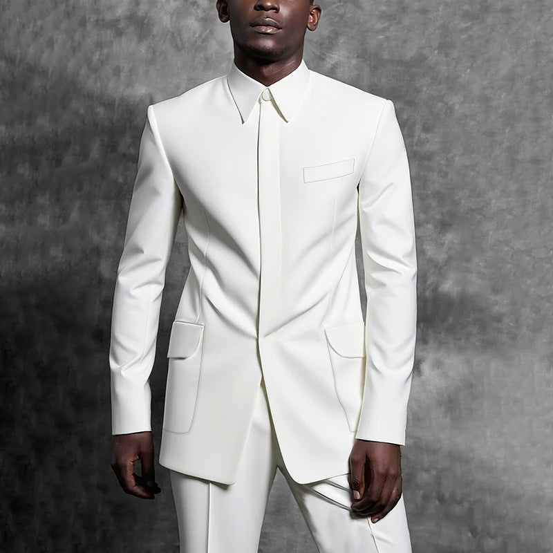 Tailored Suits Stand Collar Tuxedo Gentleman Solid Color Outfit Man Suit Set 2 Piece Smart Casual Daily Office Male Clothing