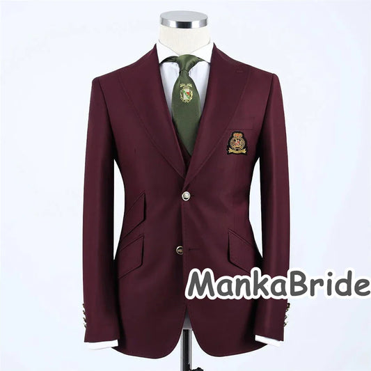 Classic Burgundy Full Men's Suit for Wedding Party 3pcs Blazer Vest Pants Business Wear Formal Tuxedo Costume homme