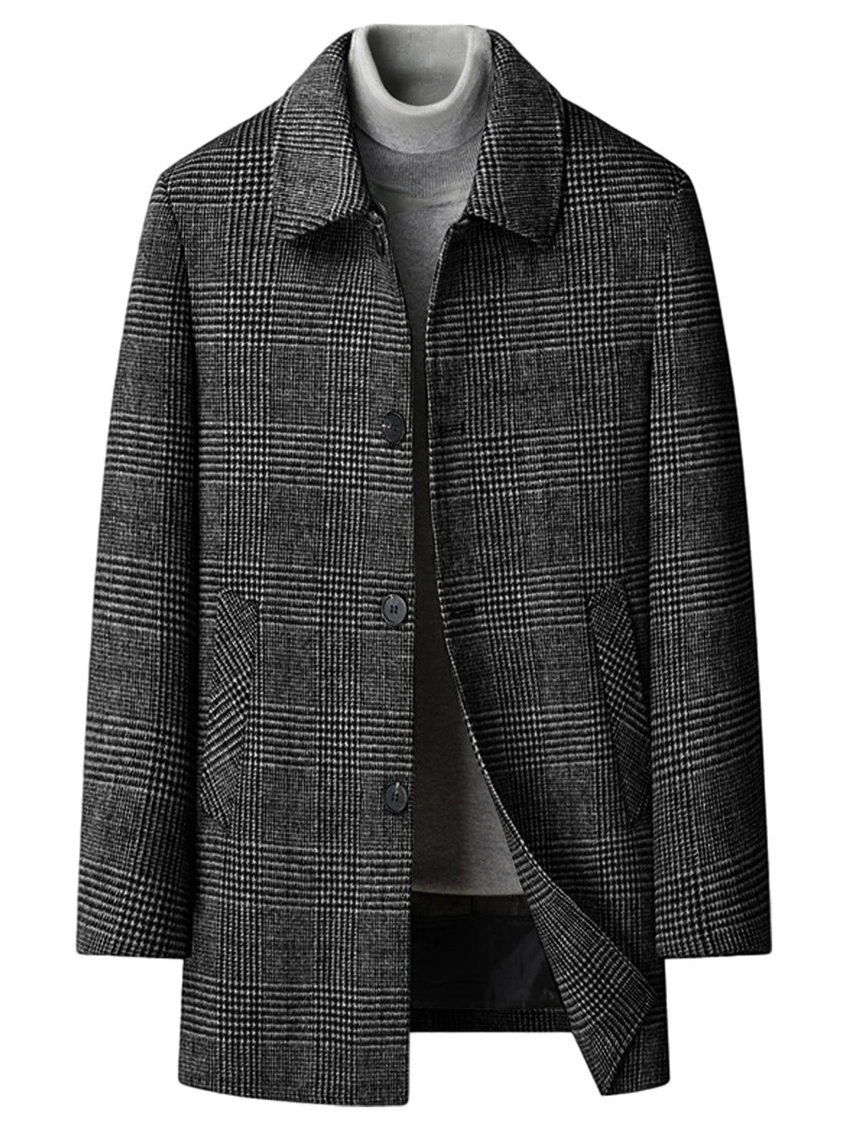 Men's Plaid Wool Blend Overcoat Turn Down Collar Mid Length Classic British Style Jacket For Business Casual