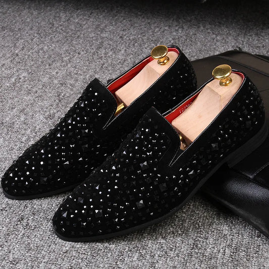 Man Loafers Shoes Genuine Leather Casual Fashion Mens Rhinestone Driving Shoes Man Flats Dress Wedding Slip-on Club Shoe