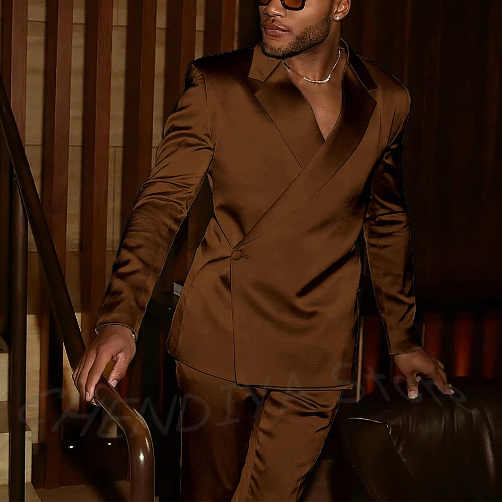Fashion Notch Lapel Satin Men Suit High Quality Single Button Slim Fitted Outfit Jacket Pants Model Show Party Prom Male Set