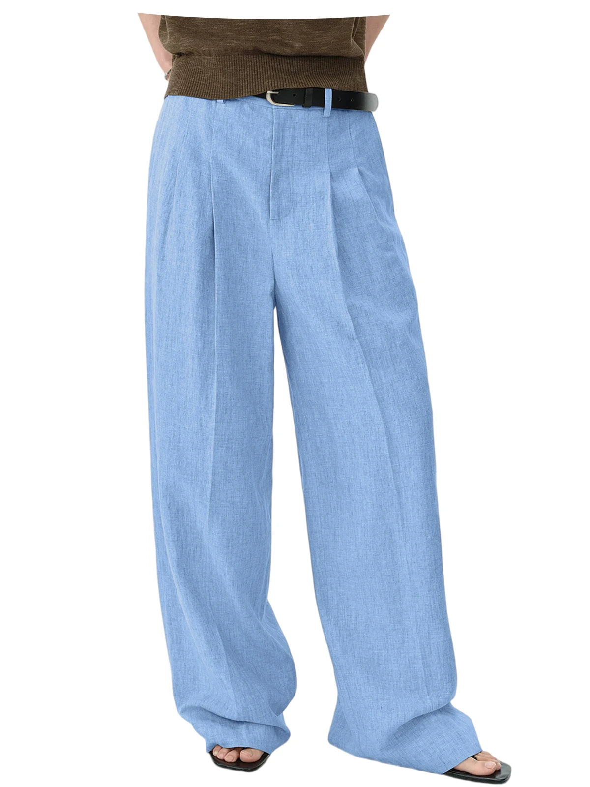Men Linen Wide Leg Pants High Waist Pleated Casual Trousers Breathable Loose Straight Suit Pants Streetwear