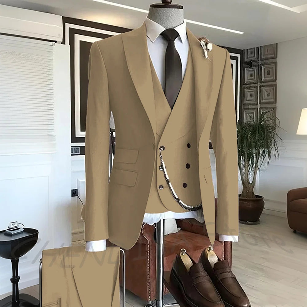 Men's Suit Formal Set 3 Piece Chic Single Button Peak Lapel Slim Fit Outfit Jacket Pants Vest High Quality Business Casual
