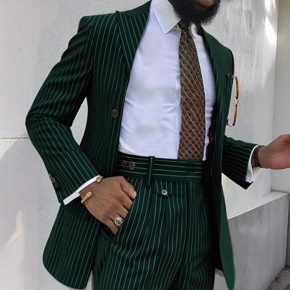 Brown Stripe Men Suits 2 Piece Chic Double Breasted Business Casual Outfits Fashion Peak Lapel Wedding Tuxedo (Jacket+Pants)