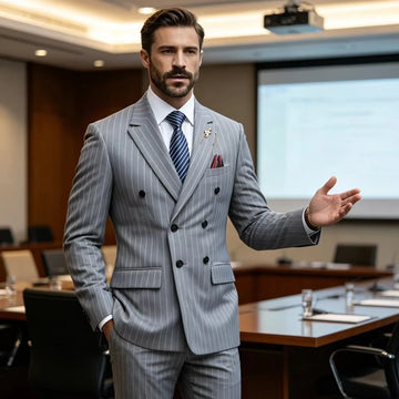 Men's Pinstripe Suit Set Classic Double Breasted Peak Lapel Slim Fit 2 Piece Blazer Pants For Business Formal Wedding