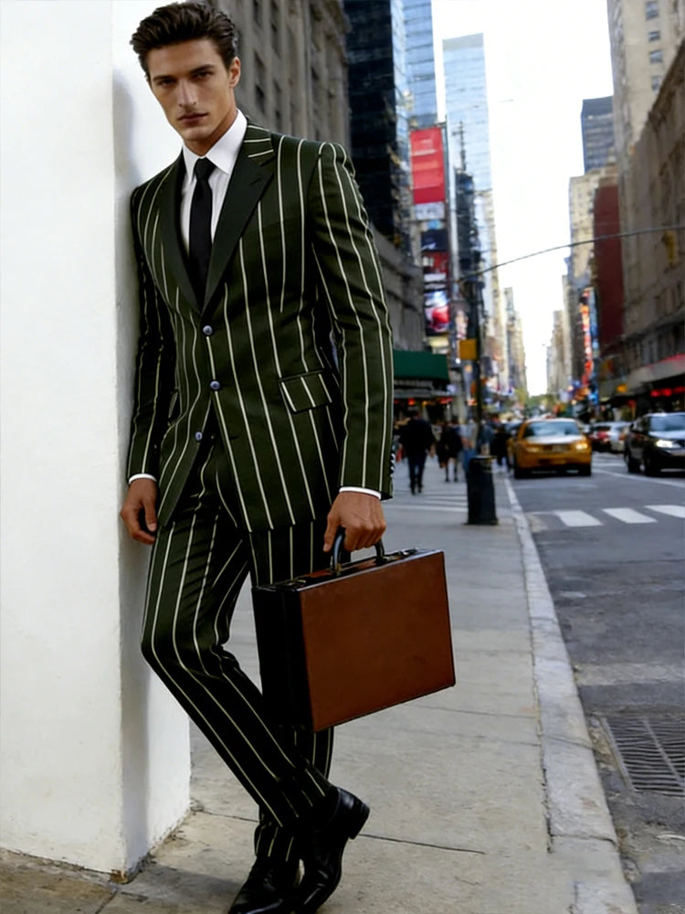 Men's Vintage Pinstripe 2 Piece Suit Set Double Breasted Peak Lapel Slim Fit Blazer Flared Pants Tuxedo For Wedding Prom