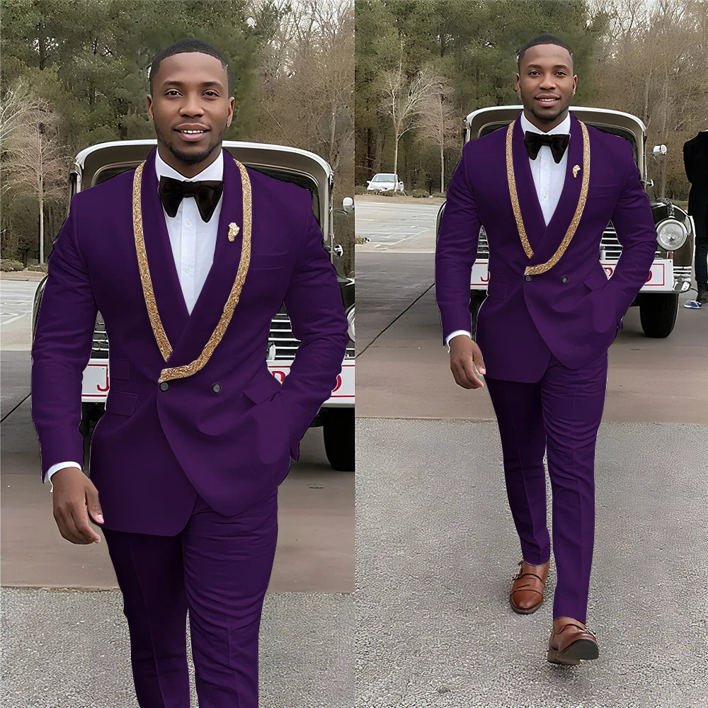 Handsome Men's Suits Double Button Shawl Lapel Solid Color Outfit Man Set 2 Piece Casual Daily Office Prom Male Clothing