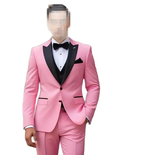 Luxury Pink 3 Piece Jacket Pants Vest Male Clothing Formal Single Breasted Peak Lapel Slim Fit Men Suits For Prom Party Costume