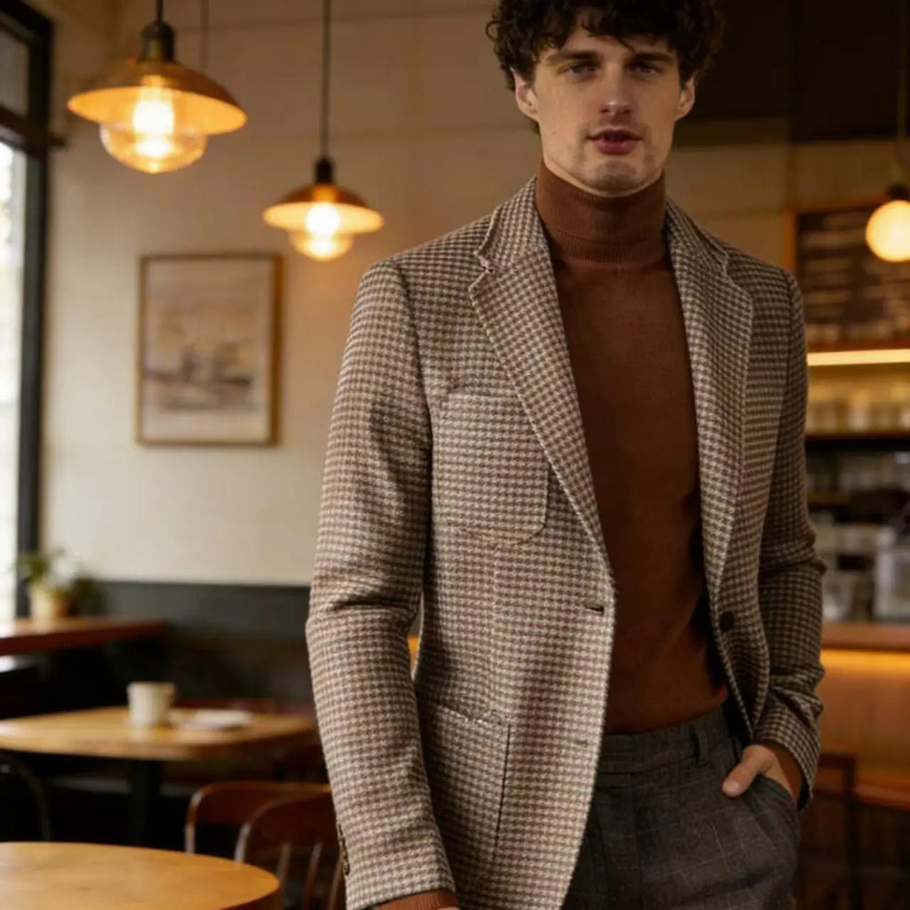 Men's Houndstooth Blazer Luxury Peak Lapel Slim Fit Wool Blend Suit Jacket For Classic Business Casual Fall Winter with Pockets