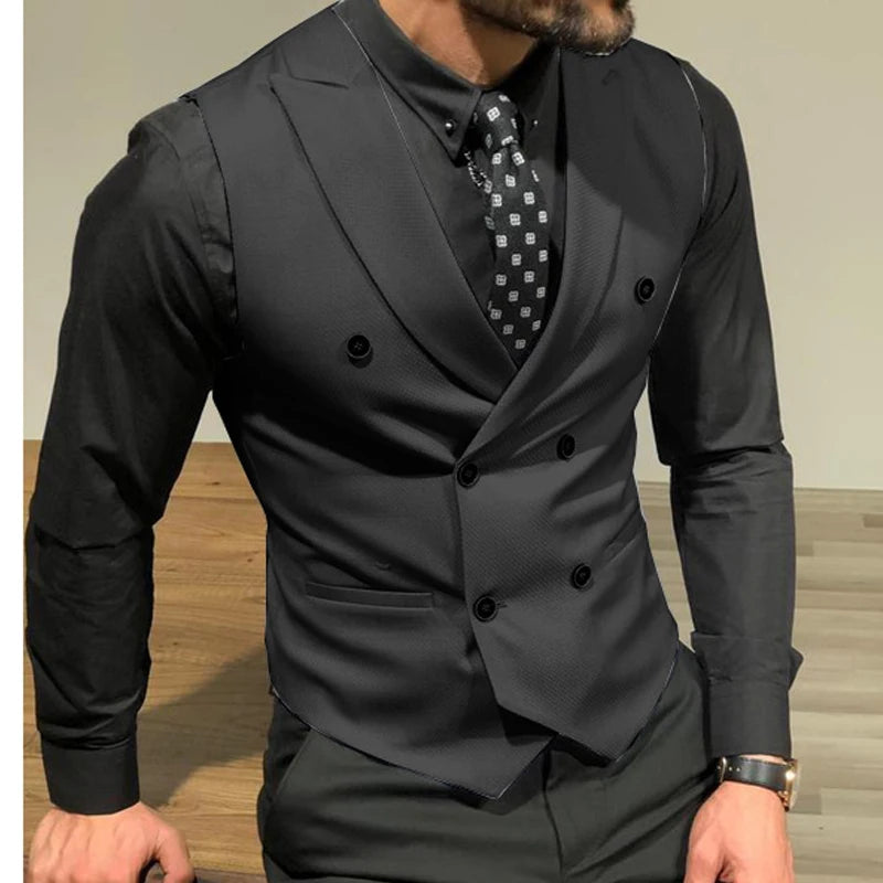 Sleeveless Men's Suit Vests with Double Breasted Slim Fit Groomsmen Waistcoat for Wedding Business Single One Piece Male Coat